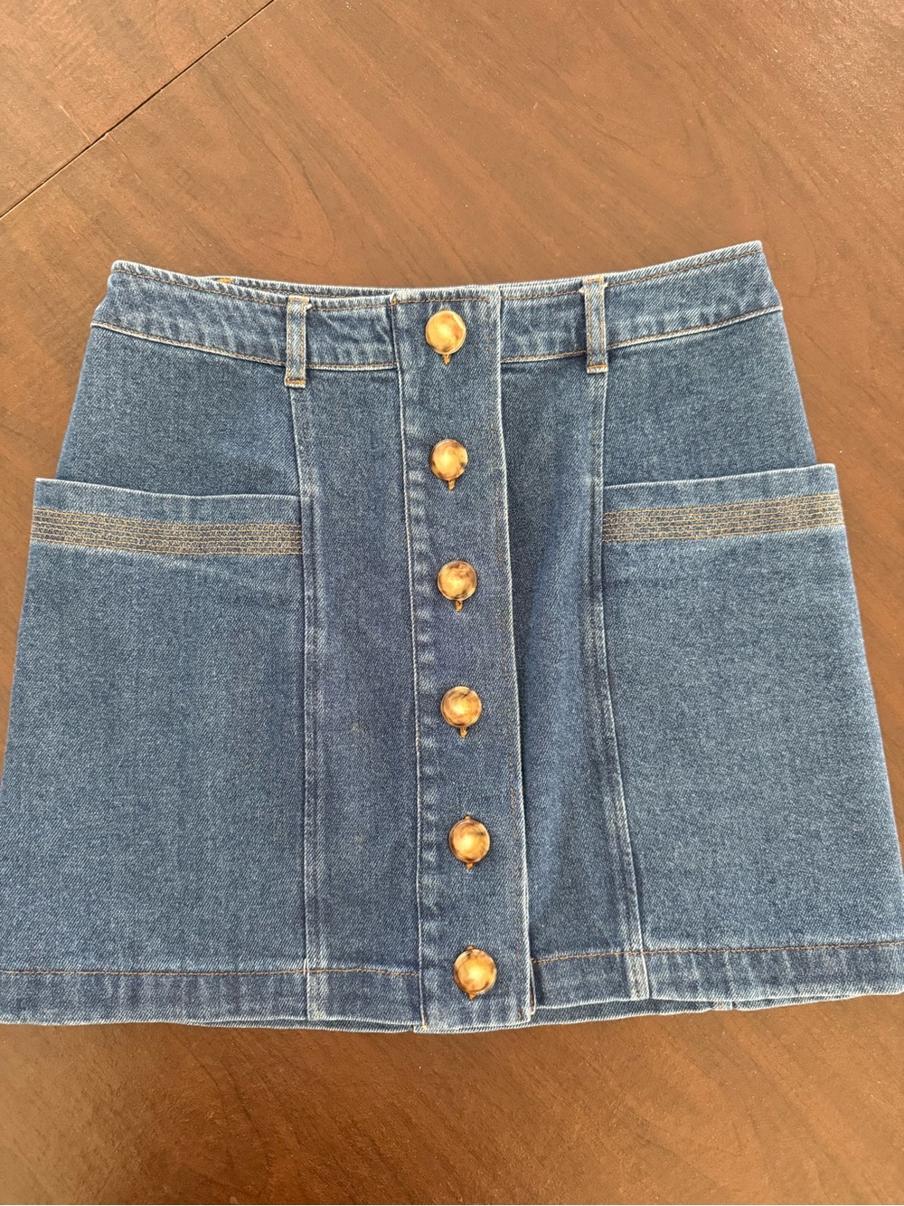 Sezane Blue Denim Button-Front Mini Skirt with Gold Buttons
